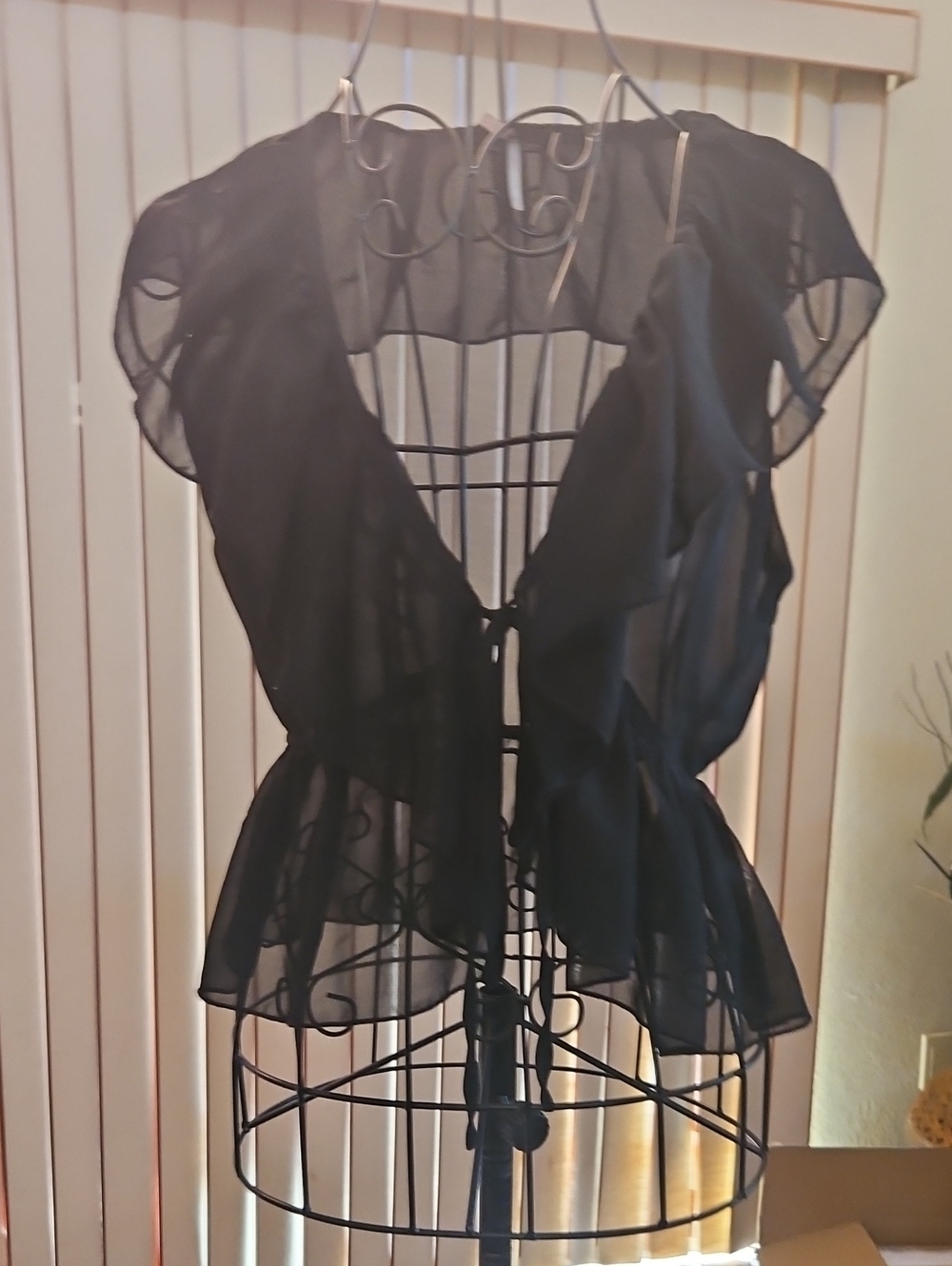 Black Sheer Ruffled Tie-Front Blouse - Womens Top